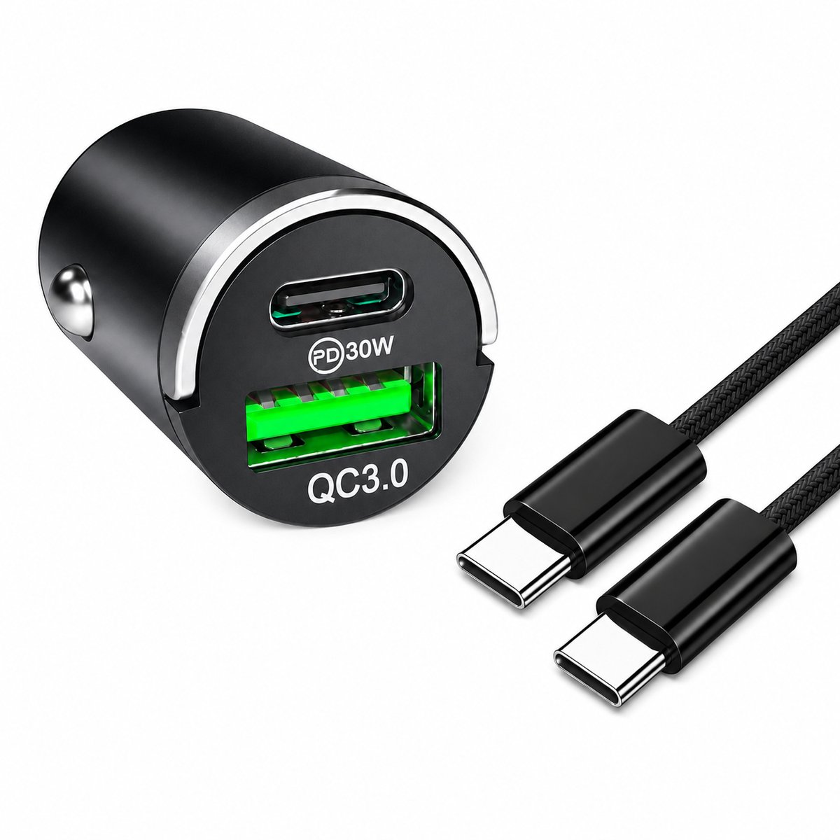 Auto Opladerset USB-C en USB-A inclusief USB-C naar USB-C Kabel 1M - Autolader set USB-C 30W - Auto Lader inclusief USB-C naar USB-C Kabel 1M - - Autoladers - Auto Snellader - Autolader 2 Poorten USB-C en USB-A - Auto Oplader - sigarettenaansteker