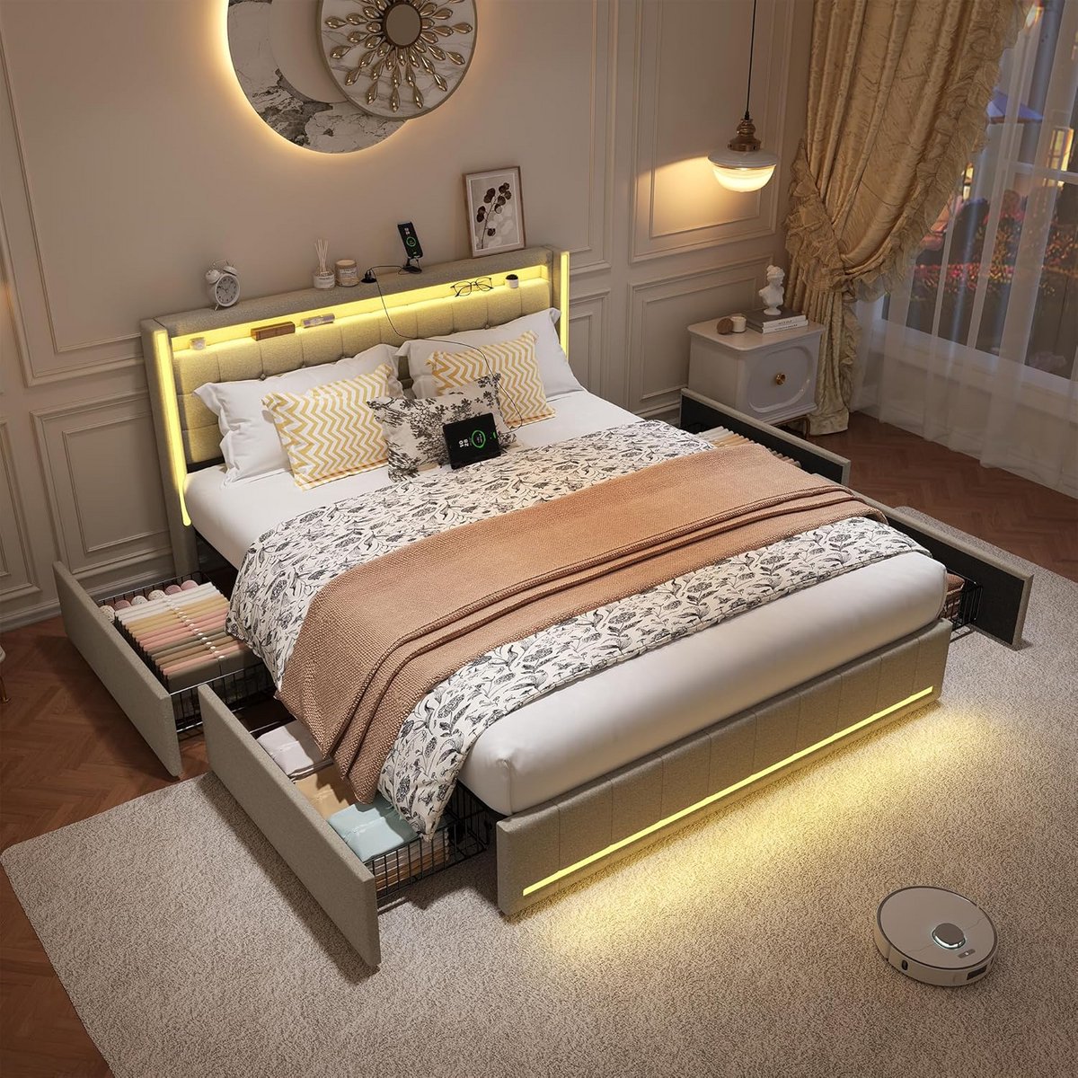 Tweepersoonsbed 140x200 met Opbergruimte, Lattenbodem en LED Hoofdeinde