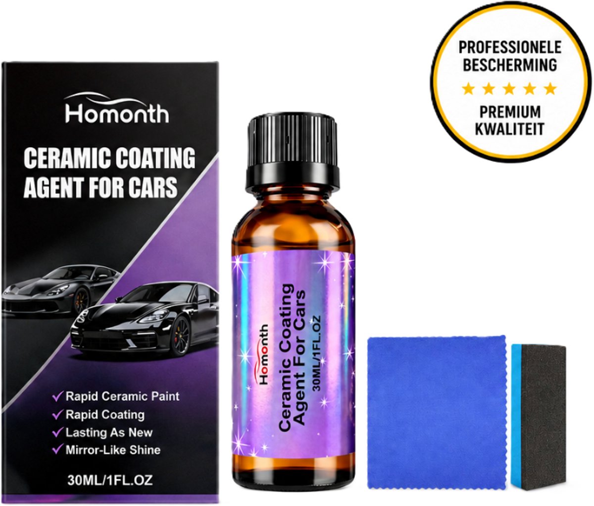 Keramische Coating Auto & Glas 30ML – Nano Ceramic Coating – Lak- en Glasbescherming – Waterafstotend – Hoogglans – Inclusief Spons & Microvezeldoek