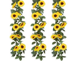 ROLLWAY Kunstzonnebloemenslinger, 3 stuks, 2,3 m, bloemenkrank, kunstbloemen, slinger, zijden bloemen, hangend voor thuis, bruiloft, feestdecoratie