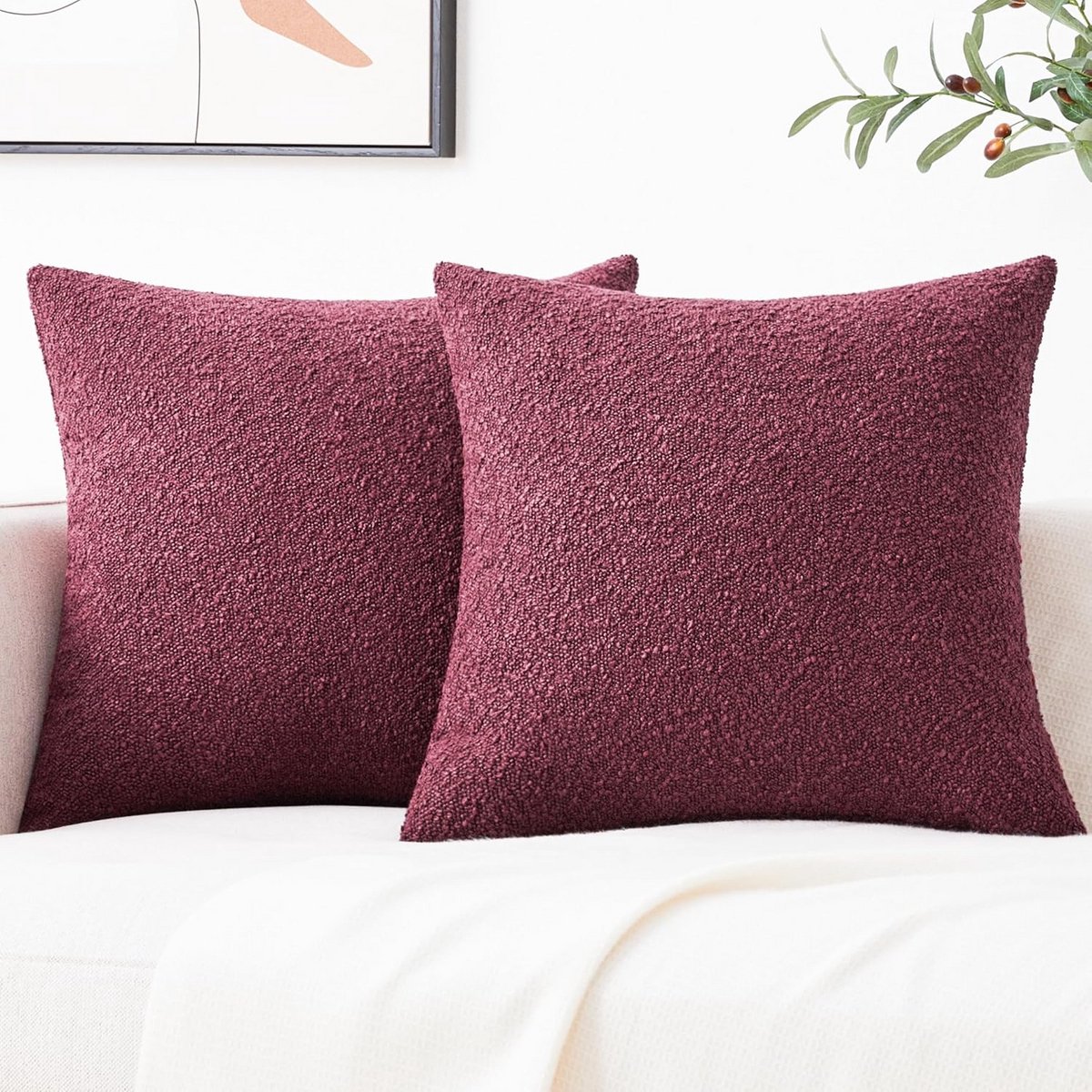 Set van 2 Bouclé Sierkussenslopen Bordeauxrood 50x50 cm - Getextureerde Boho Kussenslopen