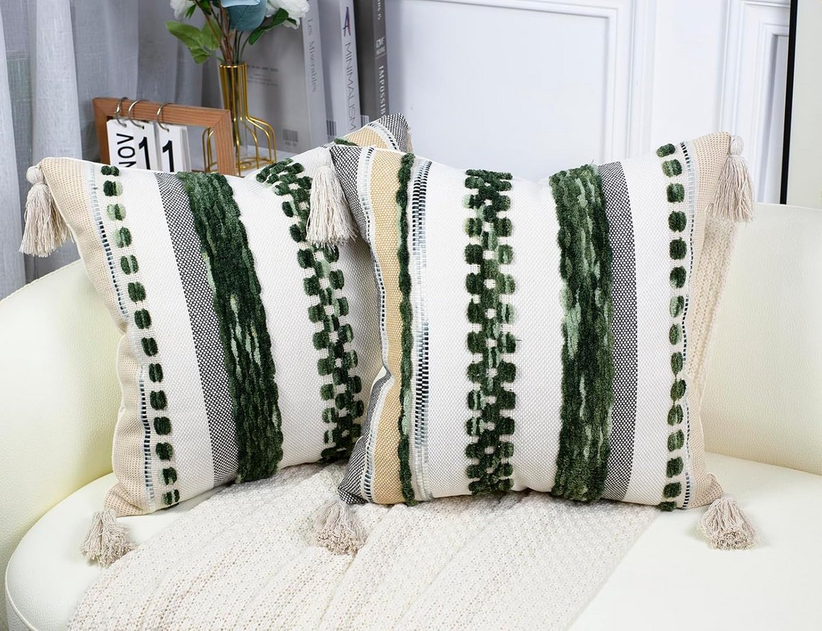 Decoratieve Sierkussenslopen Chenille Boucle 40x40 cm Donkergroen Gestreept