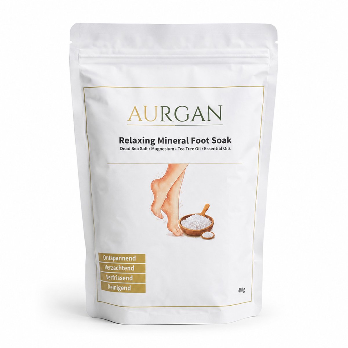 Aurgan Foot Soak 480 gram - voetenbadzout met essentiele olien - Tea Tree oil, Rozemarijnolie, kamille-olie & muntolie - ontspannend, verzachtend en reinigend