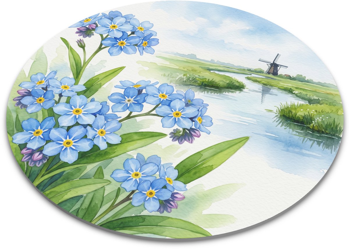 Ronde Muismat - Vergeet-mij-nietje in Moeraslandschap - Myosotis scorpioides Aquarel - Botanische Bloem en Molen - Bureau Decoratie Natuur Cadeau - Diameter 22 cm