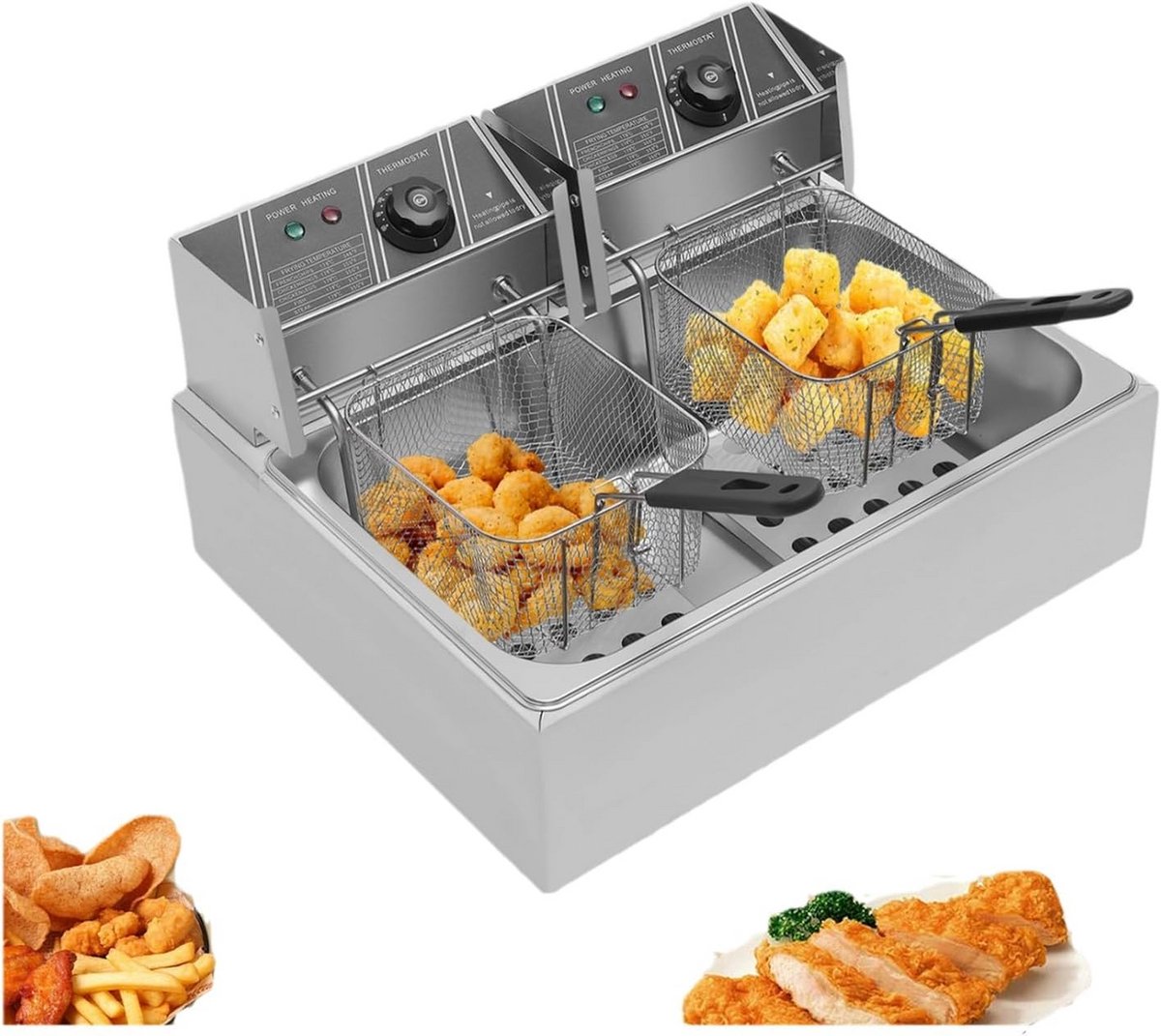 Elektrische Frituurpan Dubbele Frituurmand Lekker Frituren Dubbele Temperatuurregeling 12 Liter Capaciteit Zilver