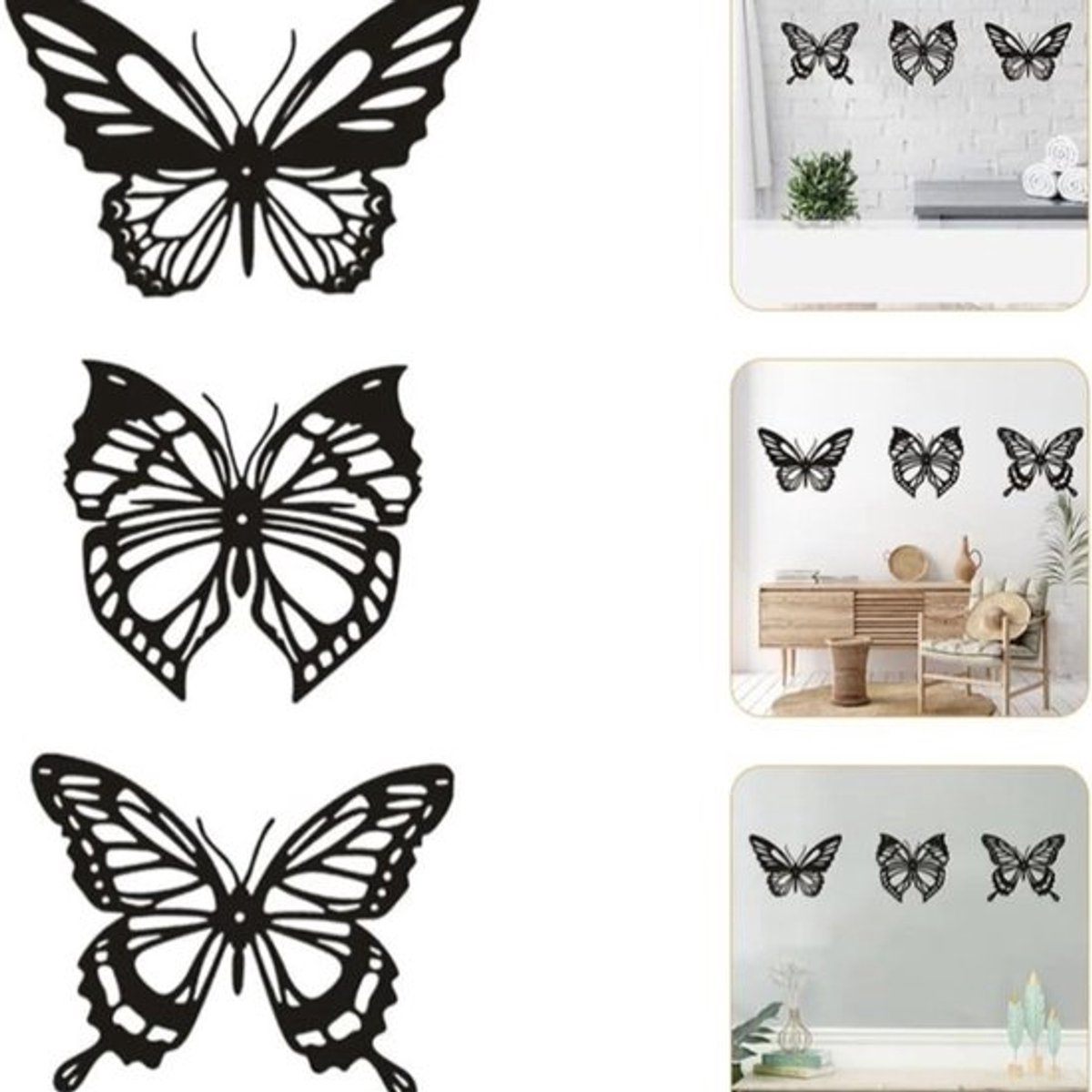 Wanddecoratie - 3-delige set - Wandkunst: uitgesneden vlinders - Elegante wanddecoratie voor binnen en buiten - Creatieve wandversiering voor woonkamers, slaapkamers en appartementen - Metalen wandkunst - Zwart