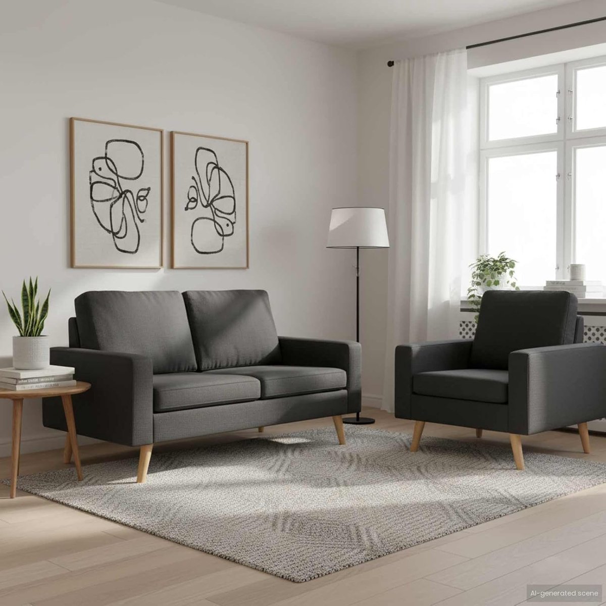 Nordic Comfort Luxe 2-Delige Bankstel Set met Fauteuil 48 x 43,5 cm Zitmaat Donkergrijs – 
