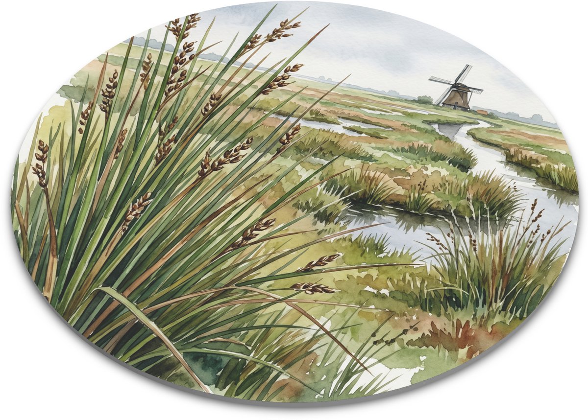 Ronde muismat met platte rus in Hollands polderlandschap - Aquarel illustratie van Juncus compressus met sloot en molen - Functionele bureau-onderlegger