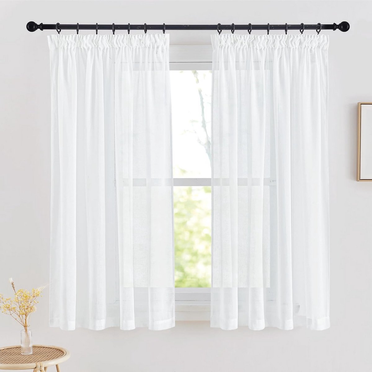 PONY DANCE Transparent Linen Curtains Ready Panels Short Size Curtains Sheer Curtains for Living Room Bedroom Bathroom Pleat Tape,140B x 145H cm (2 Panels), White