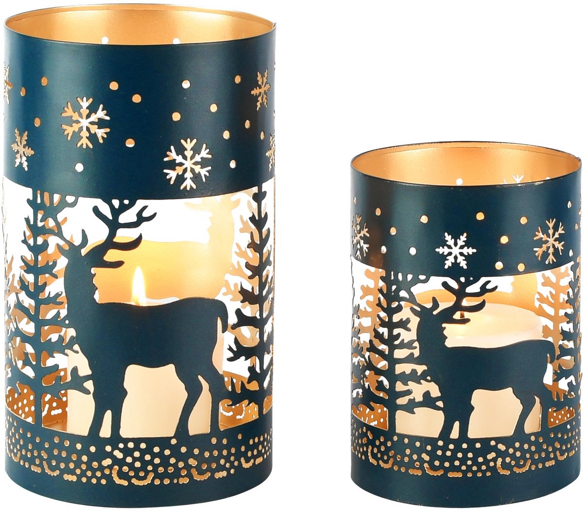 dekoratief Set 2 Waxinelichthouders 'Highland Deer', petrol/goud, metaal, 12x12x20cm | A268191 groen