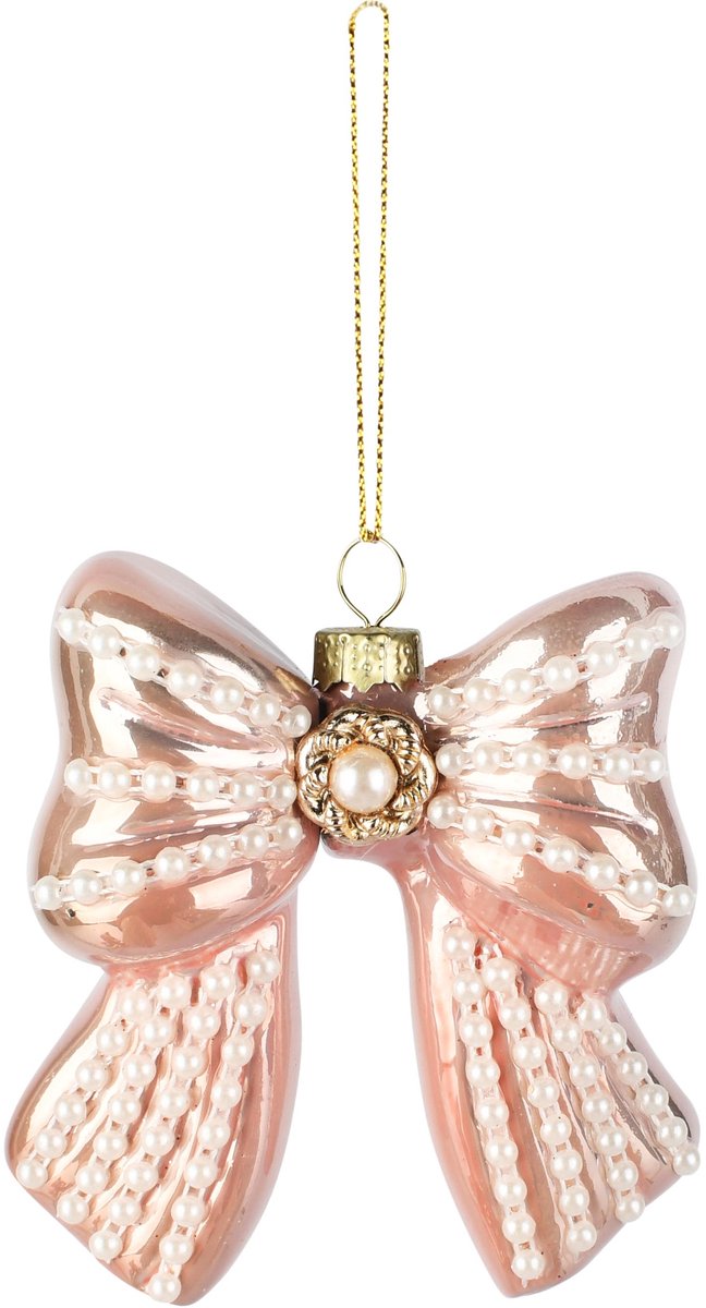 Dekoratief | Hanger strik m/pareltjes, roze/wit, glas, 9x4x9cm | A265640