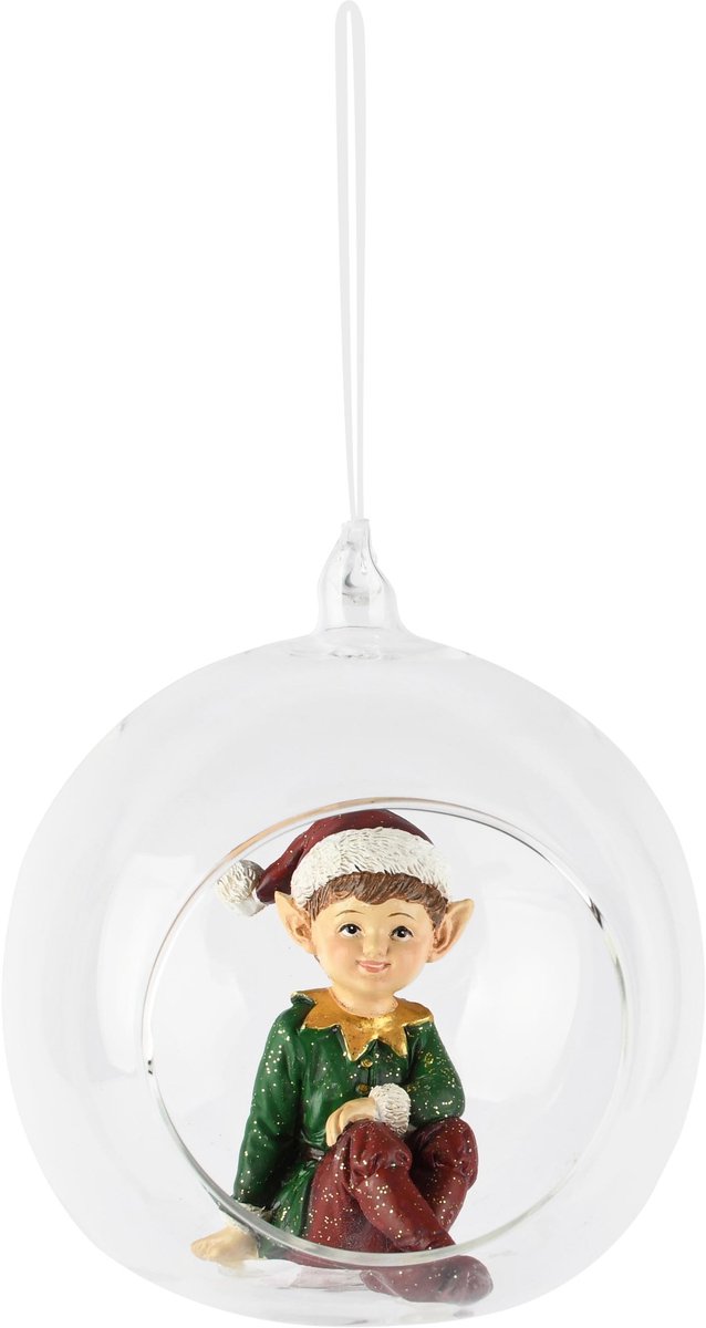 Dekoratief | Hanger globe m/kerstelfje, rood/groen, resina/glas, 10x9x11cm | A265851