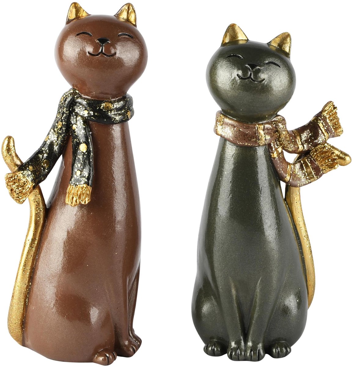 Dekoratief | Deco poes m/sjaal, groen/bruin, resina, 8x7x20cm, set van 2 stuks | A265887