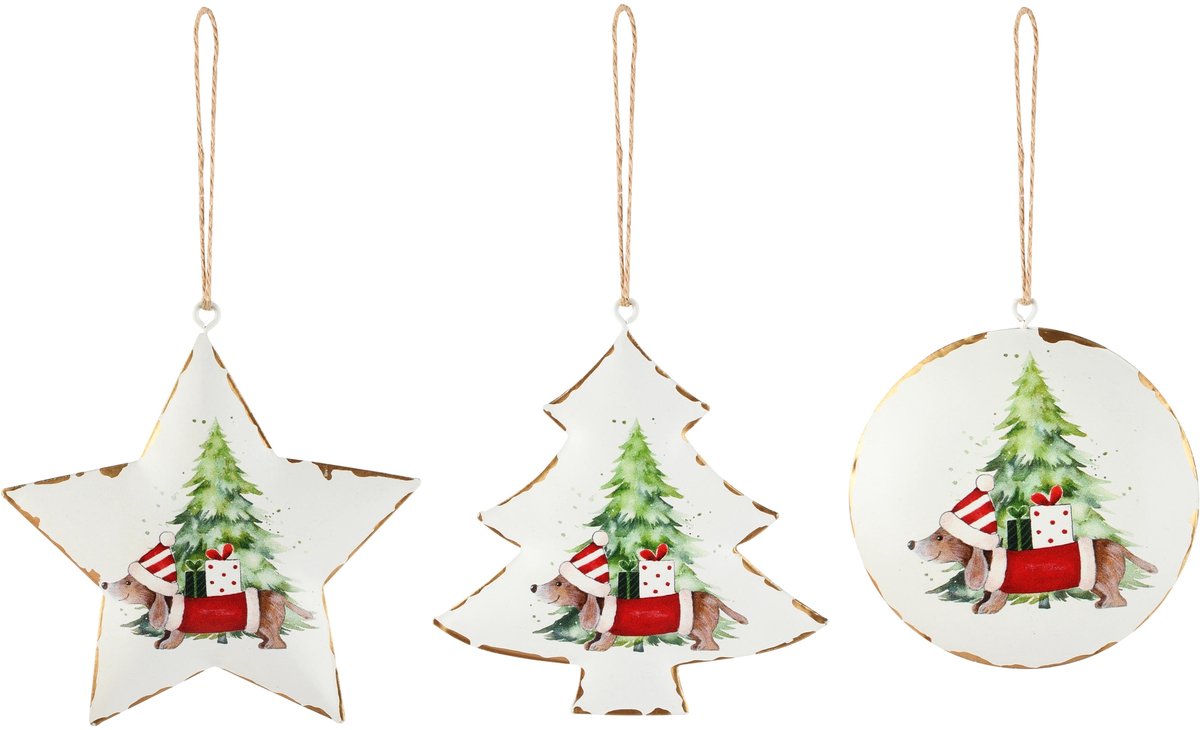 Dekoratief | Hanger bal/boom/ster m/hond, wit, metaal, 10x10x2cm, set van 3 stuks | A265950