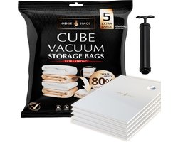 GENIE SPACE Premium Cube Vacuum Storage Bags – 5 x EXTRA LARGE (100×80×38 cm) – For Clothes & Bedding – Airtight, Reusable & Odor Free – Space Saving Bags with Hand Pump