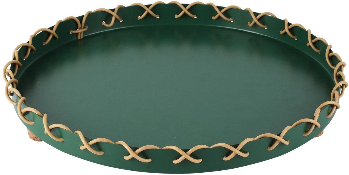 dekoratief Dienblad rond op poortjes, groen, metaal/rotan, 30x30x5cm | A265488
