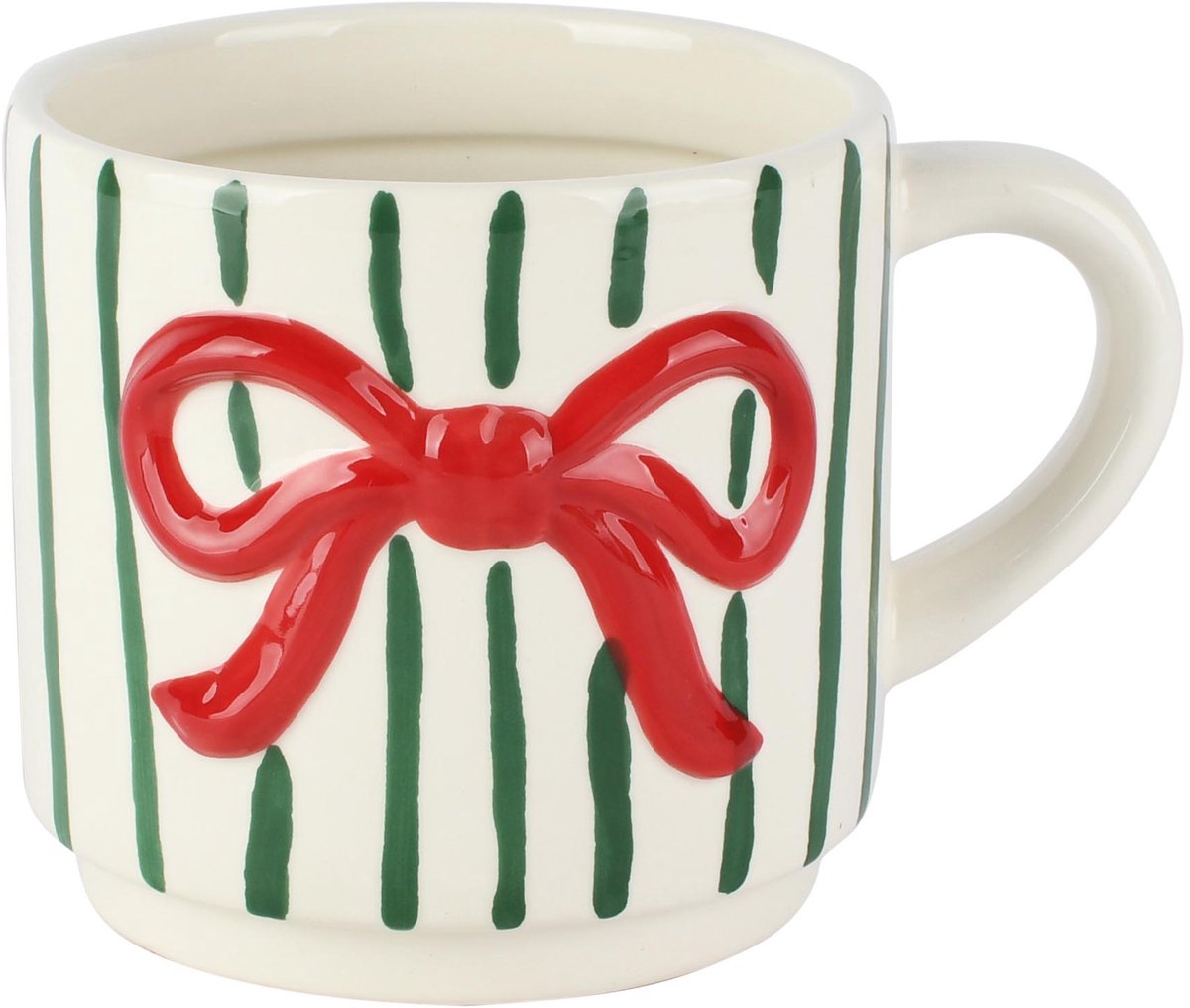 Dekoratief | Mok gestreept m/strik, wit/rood/groen, keramiek, 14x11x9cm | A265106