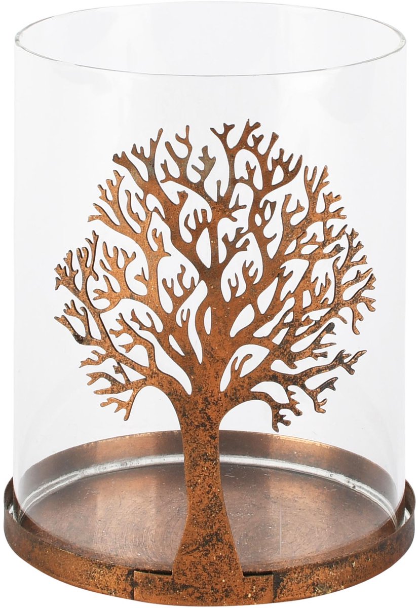 dekoratief Theelichthouder 'Tree of Life', roest, metaal/glas, 11x11x15cm | A265171 transparant