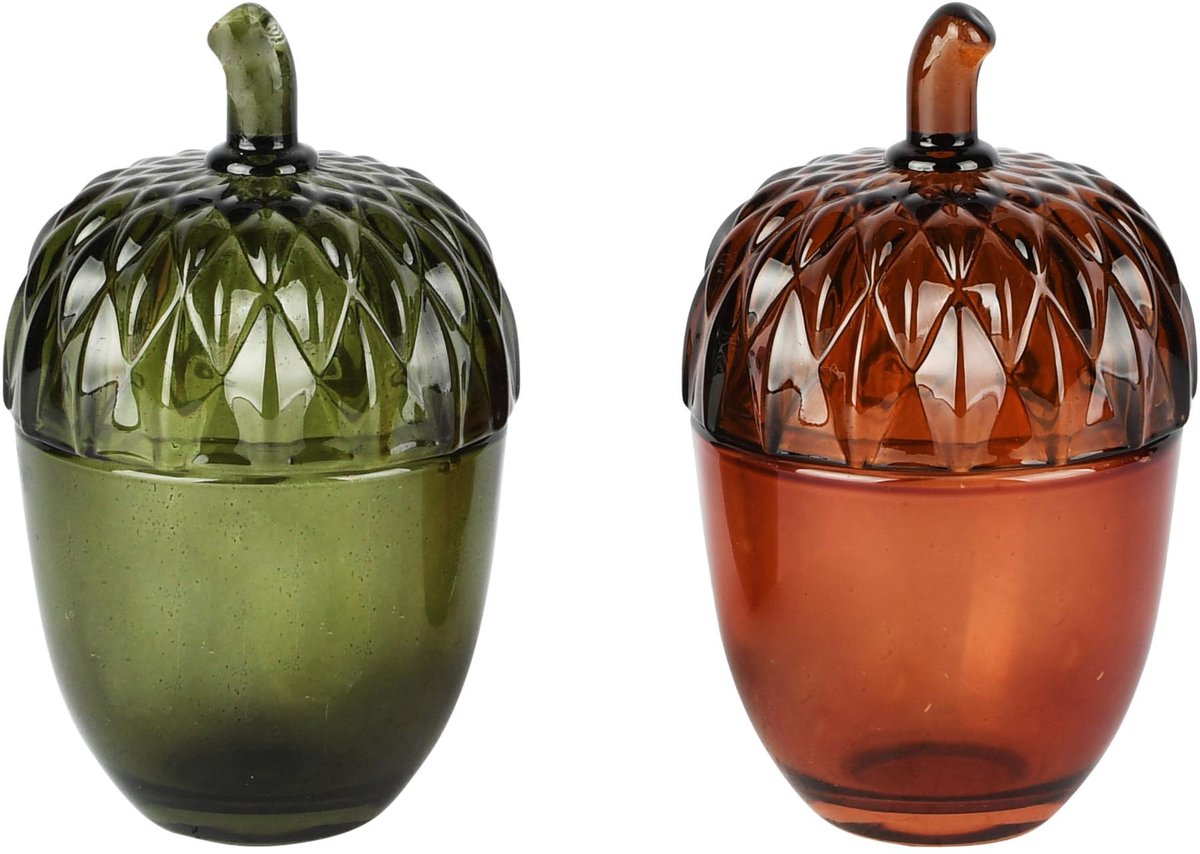 Dekoratief | Bewaarpot eikel, groen/oranje, glas, 7x7x12cm, set van 2 stuks | A265262