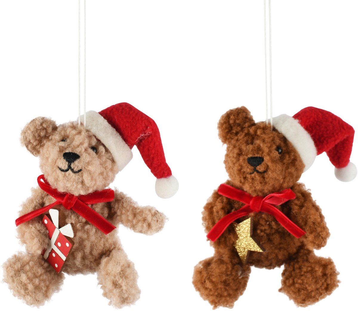Dekoratief | Hanger beertje m/kerstmuts, rood/bruin, stof, 5x5x20cm, set van 2 stuks | A265269
