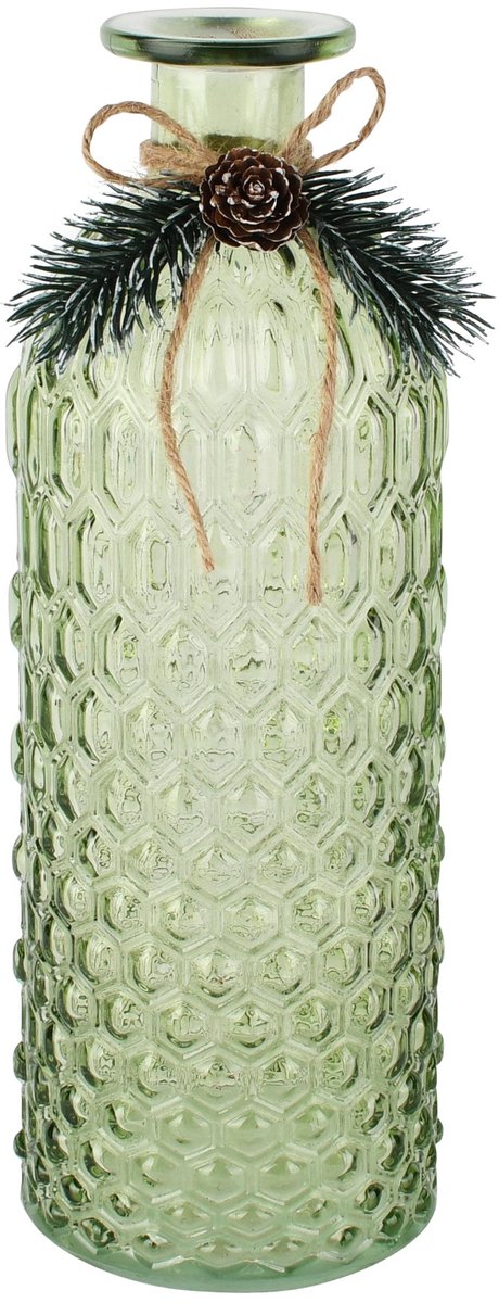 Dekoratief | Deco vaas m/dennentakje, groen, glas, 8x8x26cm | A265276
