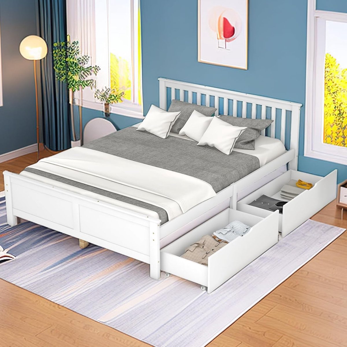 Houten Bedframe - Tweepersoonsbed met Laden - Ruimte Besparen - Klassiek Design - 140x200 cm - Wit