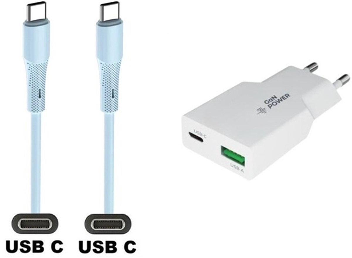 20W snellader met 2 poorten + 1,0m USB C naar C kabel. Universele PD PPS lader. Compacte GaN oplader adapter past op Samsung Galaxy A34, A54, A24, A14, A05, F04, F34, F54, A15, A25, A35, F15, M14, M04, M34, M21, M30, M40, M54