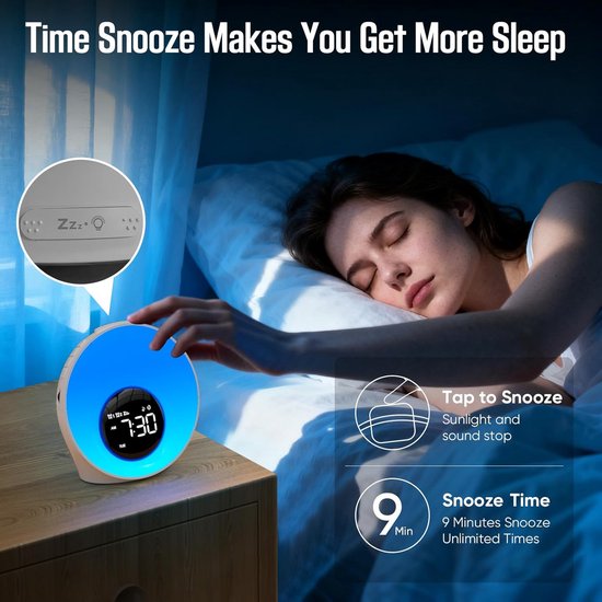 Wekker met Zonsopgang Simulatie - Wake-up Light Nachtlamp - Rustig Wakker Worden - 14 Kleuren Verlichting — afbeelding 3