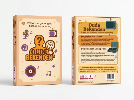 Oude Bekenden speldoos met retro-illustraties: microfoon, platenspeler, tv en vraagtekens. Text: Prikkel het geheugen, deel de herinnering.