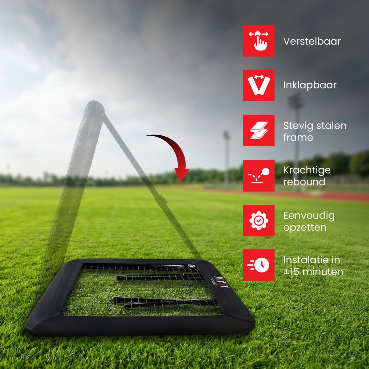 HitIt SPORTS® Rebounder Voetbal - Voetbal Spullen Trainingsmateriaal 124x124cm - Mini Trampoline Kinderen & Volwassenen - Inklapbaar Tennisnet - Volleybal Korfbal - Voetbal Trainingsmateriaal — afbeelding 6