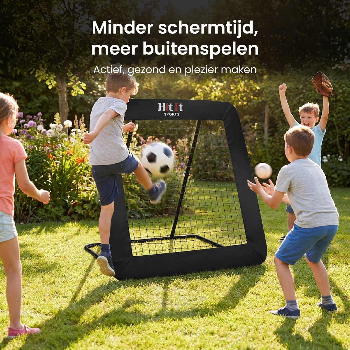 HitIt SPORTS® Rebounder Voetbal - Voetbal Spullen Trainingsmateriaal 124x124cm - Mini Trampoline Kinderen & Volwassenen - Inklapbaar Tennisnet - Volleybal Korfbal - Voetbal Trainingsmateriaal — afbeelding 3