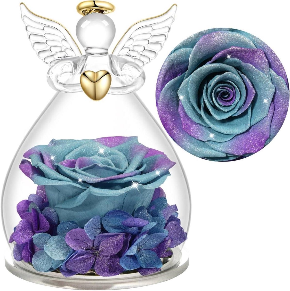 Eeuwige Roos - Gedroogde Bloemen - Cadeau Geven - Engel Figuur - 7x7x10.5 cm - Sterrenhemel