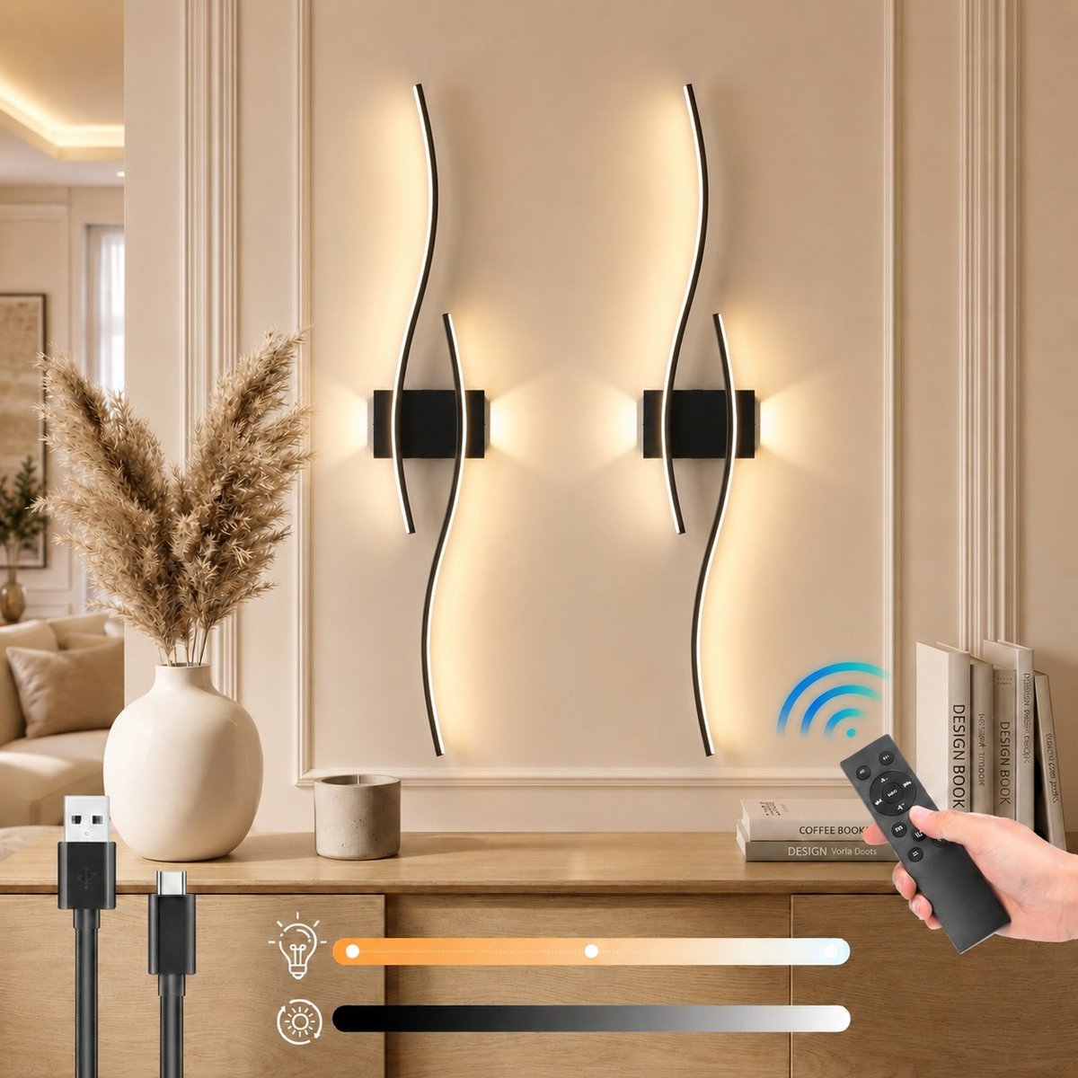 MUPOO Draadloze Wandlamp Binnen Oplaadbaar (2 Stuks)-Timer & Geheugenfunctie -Nachtlichtmodus &Dimbaar- Afstandsbediening- Wandlampen voor Woonkamer & Slaapkamer-verlichting voor Trap&Badkamer - zwart