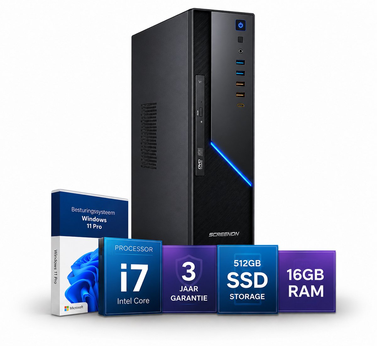 Business Office PC i7 - ScreenON Ultra Slim - Intel Core i7 - 16GB RAM - 512GB SSD M.2 - Windows 11 Pro - Wifi & Bluetooth - DVD±RW - Zakelijke Werkcomputer - Kantoor Desktop PC - Thuiswerk Computer - Administratie PC - MKB - ZZP - Bedrijf