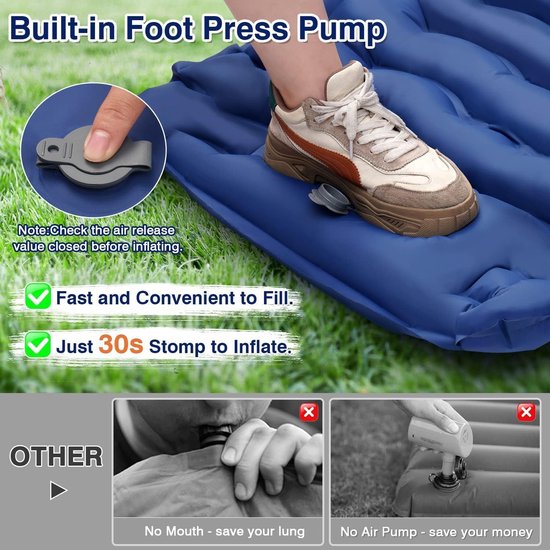 VR7 Double Sleeping Mat - Self Inflating Camping Mat - Camping Mattress with Built-in Foot Pump and Cushions Camping Mat for Hiking, Backpacking Tent - Blue — afbeelding 3