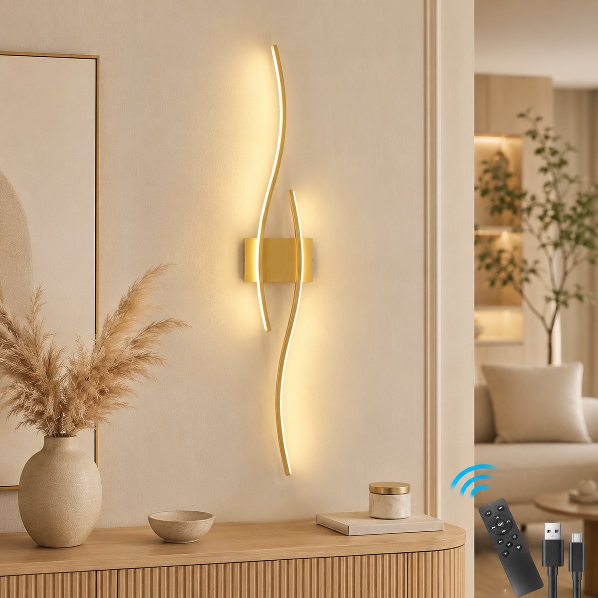 MUPOO Draadloze Wandlamp Binnen Oplaadbaar (1 Stuk)-Timer & Geheugenfunctie - Nachtlichtmodus &Dimbaar- Afstandsbediening- Wandlampen voor Woonkamer & Slaapkamer-LED Verlichting -Goud
