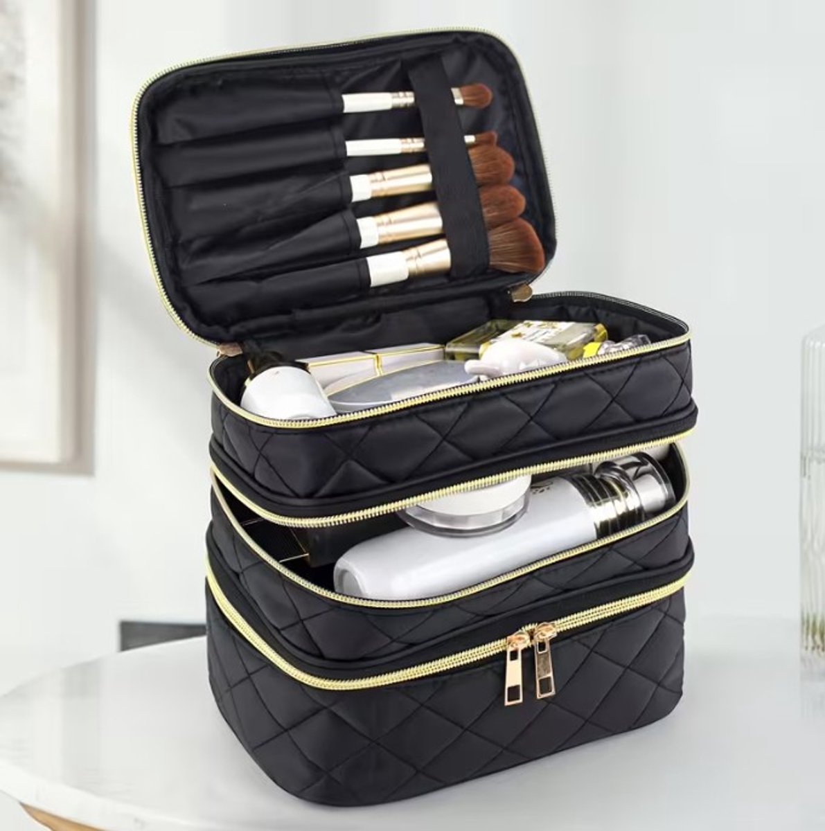 Modieuze Lichtgewicht zwarte diamant patroon make-up Tas 3-Laags - Draagbare Handtas Geschikt voor Thuis en Reisgebruik