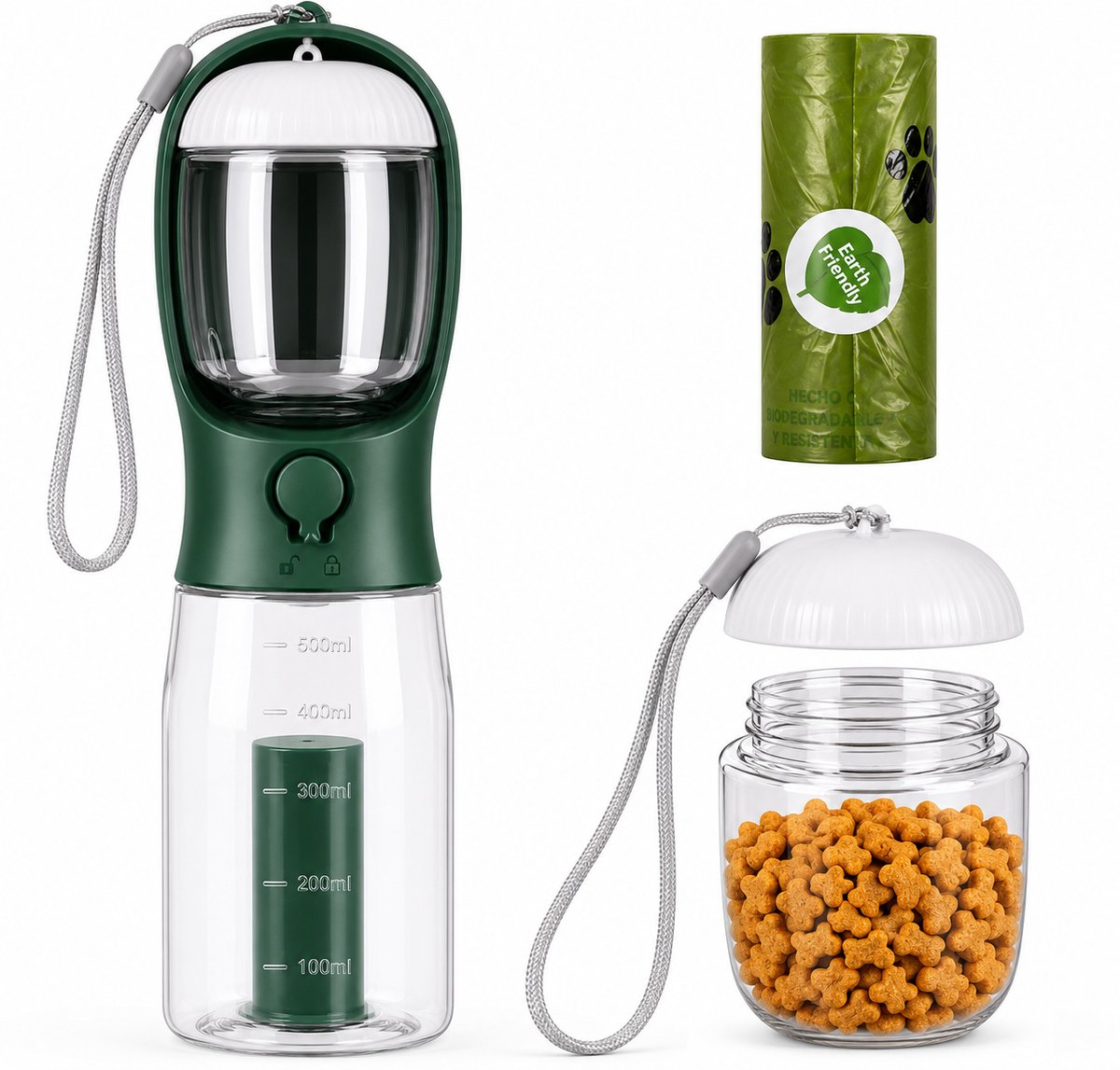 3-in-1 drinkfles voor huisdieren inclusief voerbak | Lekvrij ontwerp met poepzakjesdispenser