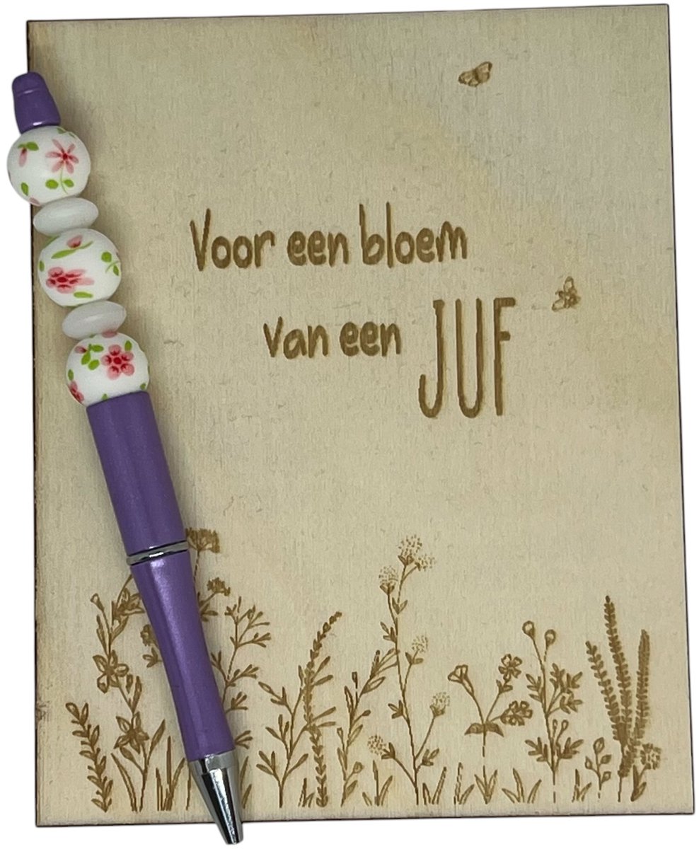 Kralenpen JUF | LILA | bloem | jij bent de beste | coolste meester | topjuf | einde schooljaar | cadeau | cadeautje juf | cadeautje meester | meester