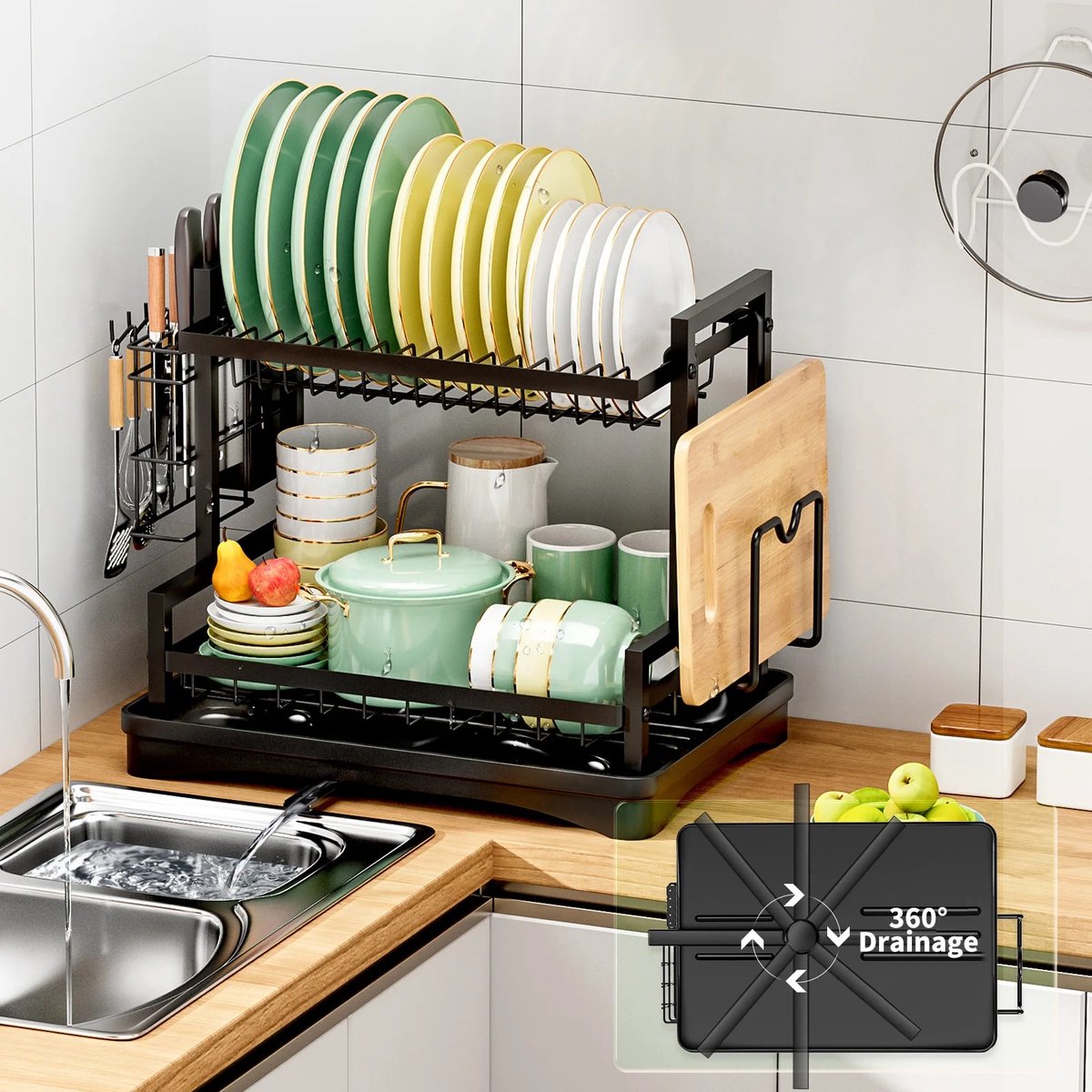 Dailygoods 2-delige afdruiprek met draaibare afvoer, roestvrij staal anti-roest afdruiprek, montage zonder gereedschap,