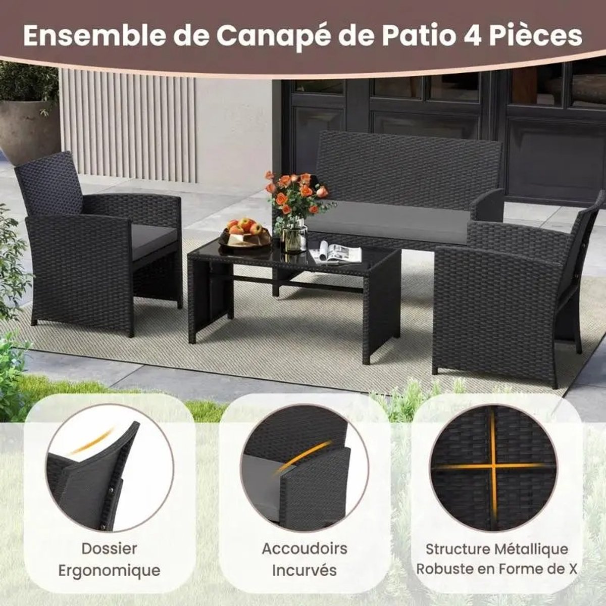 Dailygoods 4-delige tuinmeubelset van PE-rotan: 2-zits rieten bank met fauteuils en salontafel van gehard glas, grijs