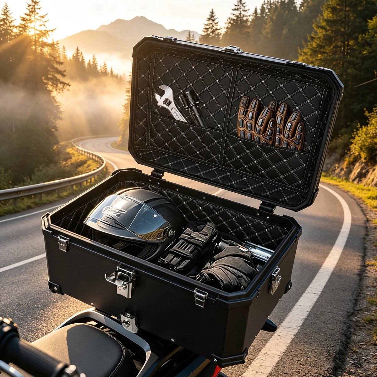 Dailygoods 65L aluminium motorfiets achterkoffer, universele waterdichte topkoffer met slot en voering, 1,2 mm dikke, ve