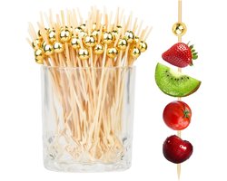 200 Stuks Cocktailprikkers - Bamboe Met Gouden Knop - 12 cm - Voor Canapés, Fruit & Cocktails - Feestelijke Snackprikkers