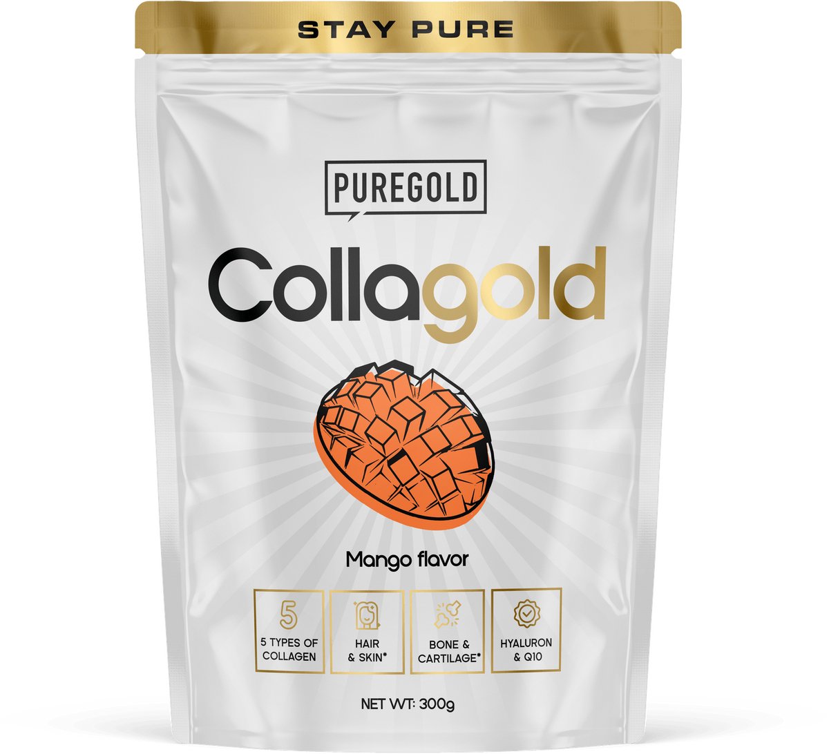Pure Gold CollaGold Collageen Poeder – 300g – 25 Porties – 5 Types Collageen met Hyaluronzuur, Q10, Vitamine C & Zink – Mango