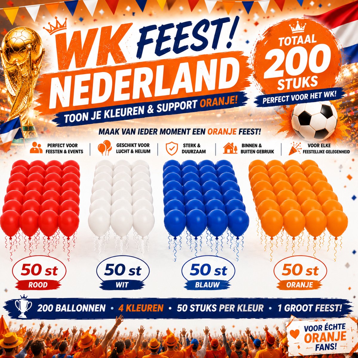 EK WK Voetbal Ballonnen 200 Stuks – Oranje Feestversiering Rood Wit Blauw – Grote Feest Set -Decoratie Koningsdag