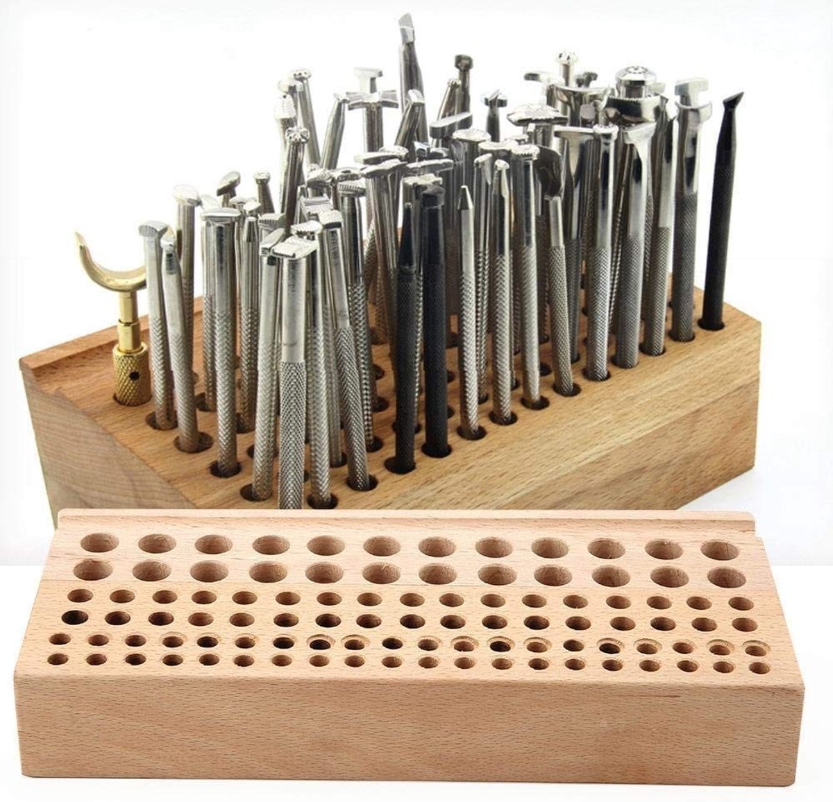 NTH products- Gereedschaphouder Lederen 98 Gaten - Hout/Rubber Constructie - Handgereedschappen - Stempelen/Perforatie - Cadeau voor Doe-Het-Zelf - Perfect voor Ambachtsliefhebbers - Gereedschapsorganizer