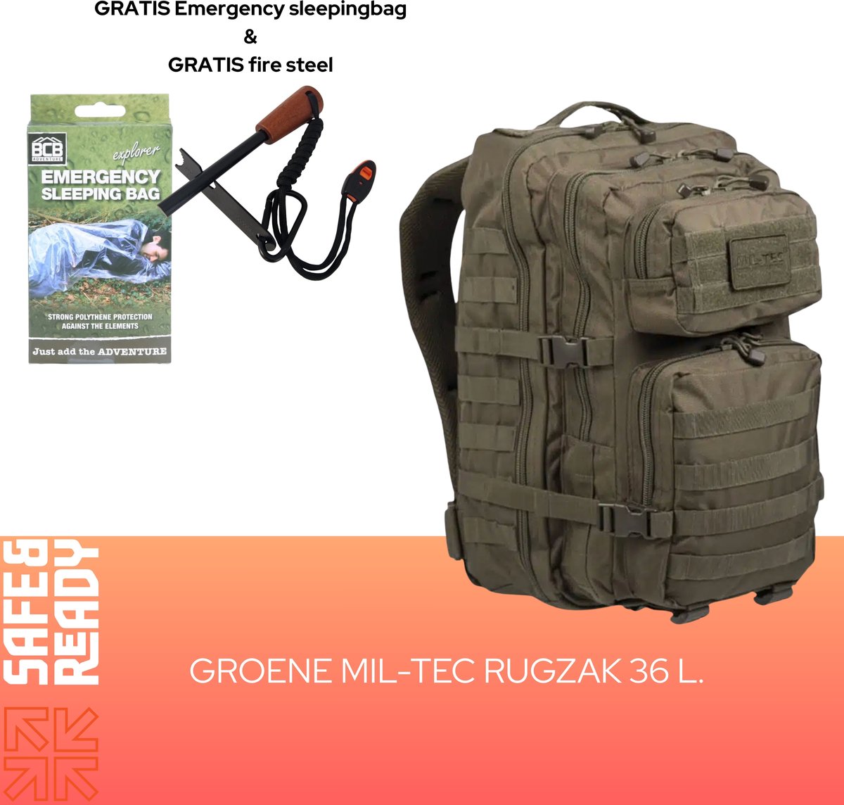 Mil-Tec US Assault Molle Backpack - Rugzak - 36 Liter - Olive - Met GRATIS FIRESTEEL én EMERGENCY SLEEPING BAG - Vuurstarter - Outdoor - Survival