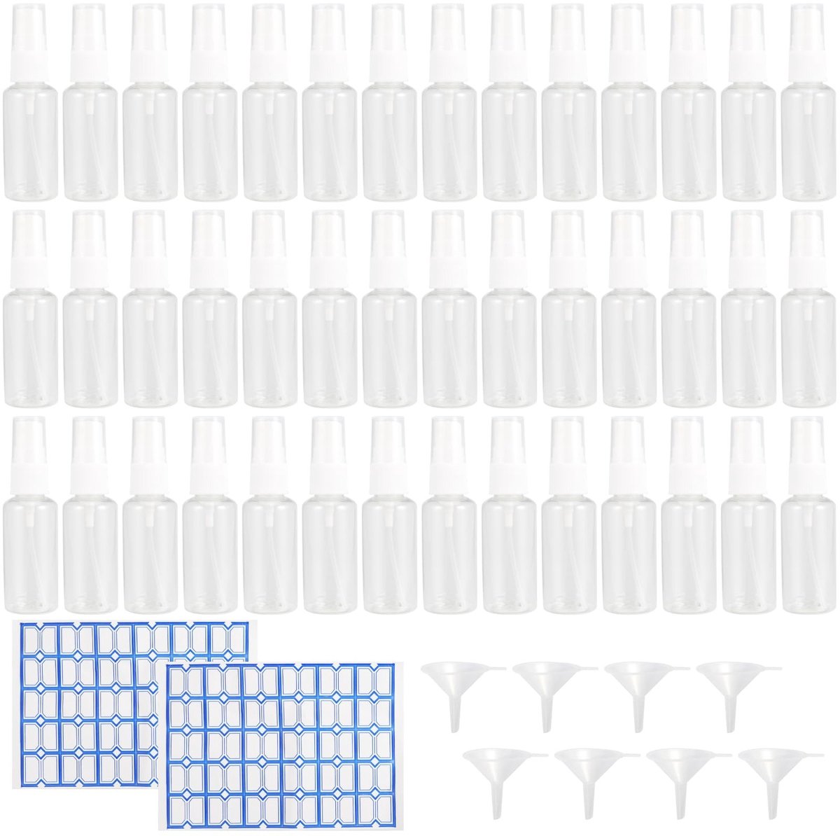 MTTproducts- Spuitflessen 60 stuks 30 ml - Navulbare Fijne Nevel Spuitflessen - Plastic met Trechters - Labels voor Etherische Oliën - Perfect voor Reizen - Levenslange Garantie - Mistflessen