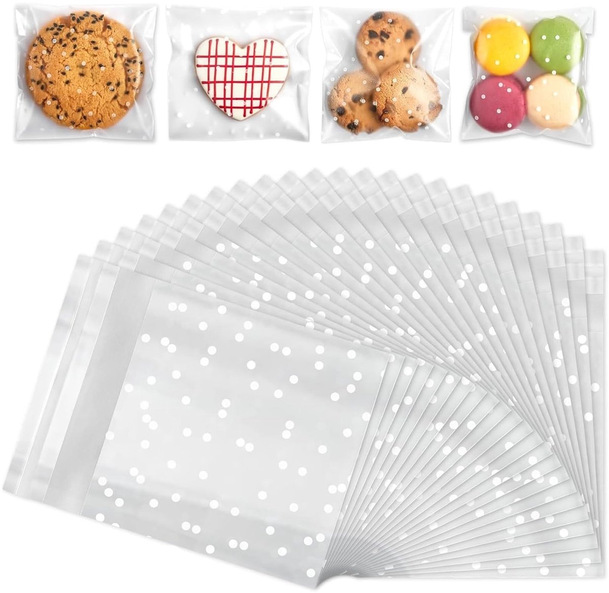 MTTproducts- Koekjeszakjes 200 Stuks - Doorzichtige Zelfsluitende Zak - Polka Dot - 10 x 10 cm - OPP - Perfect voor Koekjes/Snoep - Snoepzakjes