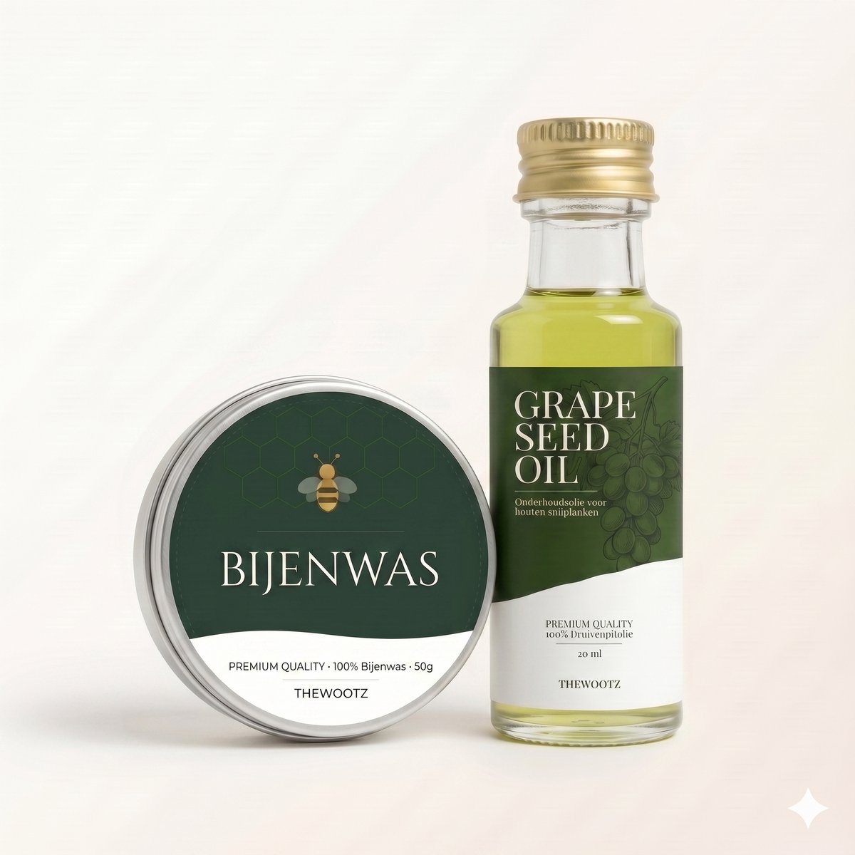 TheWootz Onderhoudsduo Snijplank 20ml – 100% Druivenpitolie + Bijenwas 50g – Compleet Onderhoud voor Houten & Bamboe Snijplanken